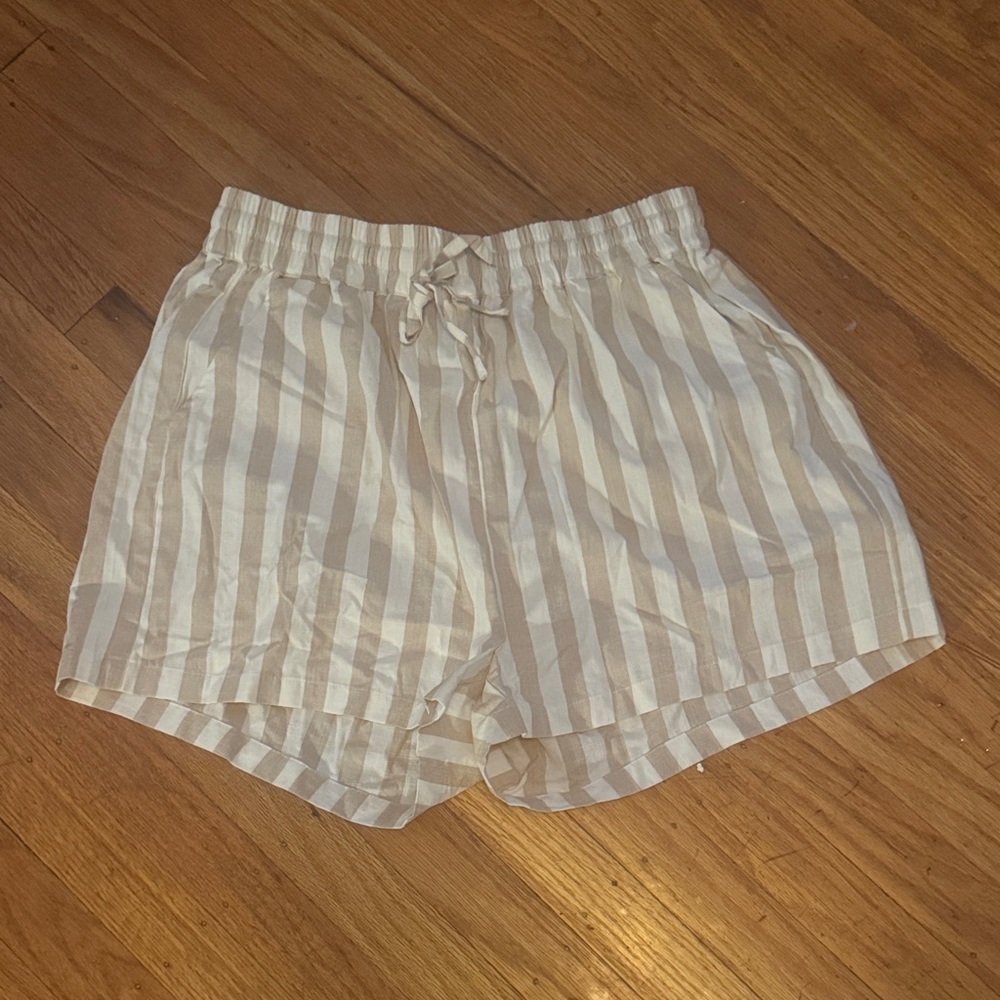 Kittenish Cream and White Striped High Waist Women’s Shorts
